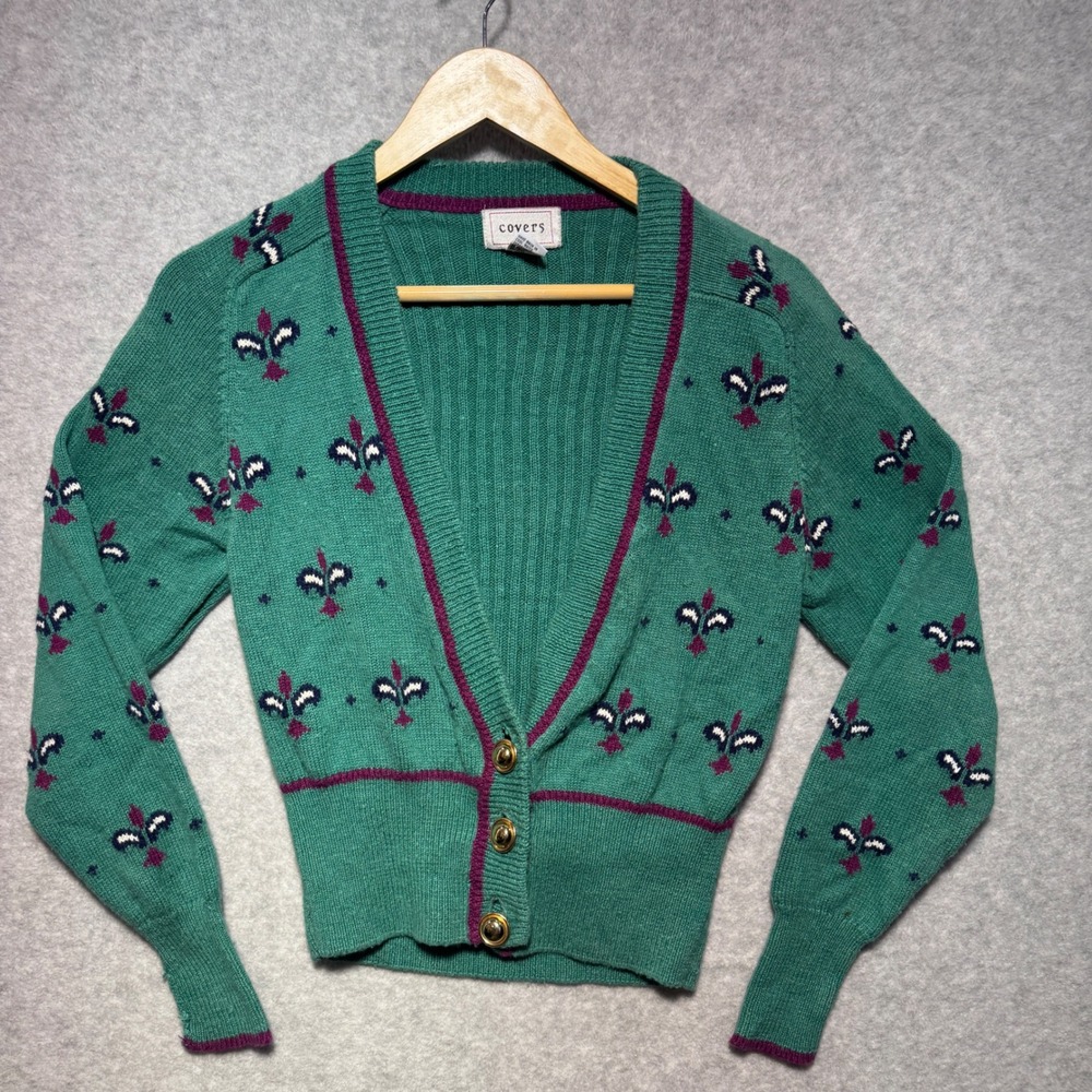 Covers Vintage Green Fleur De Lis Cardigan Sweater Ramie Cotton Petite‎ P